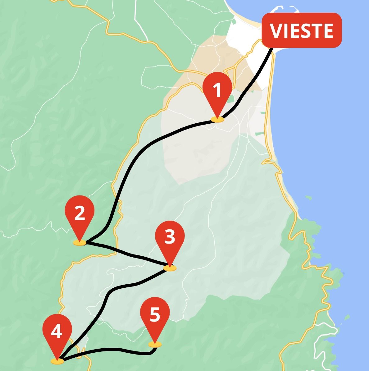 mappa cartina con soste dell'escursione nelle masserie a Vieste nel Gargano